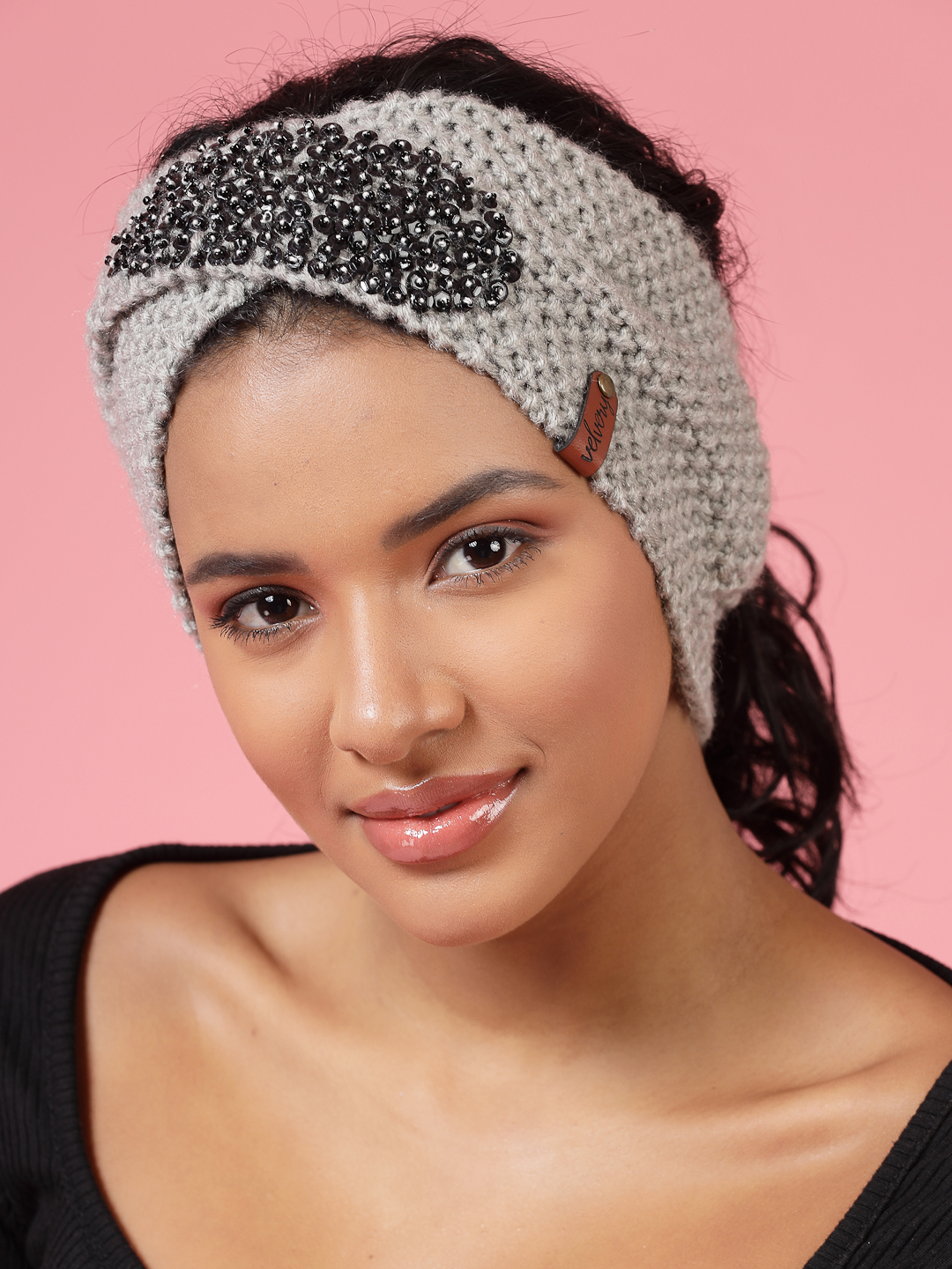 Velvery Hand-Knitted Grey Self Design Acrylic Headband