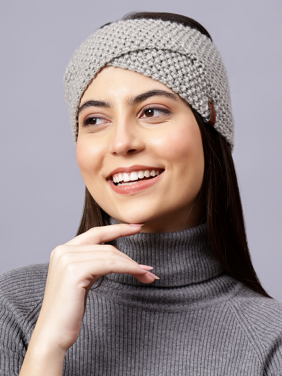 Velvery Hand-Knitted Grey Self Design Acrylic Headband