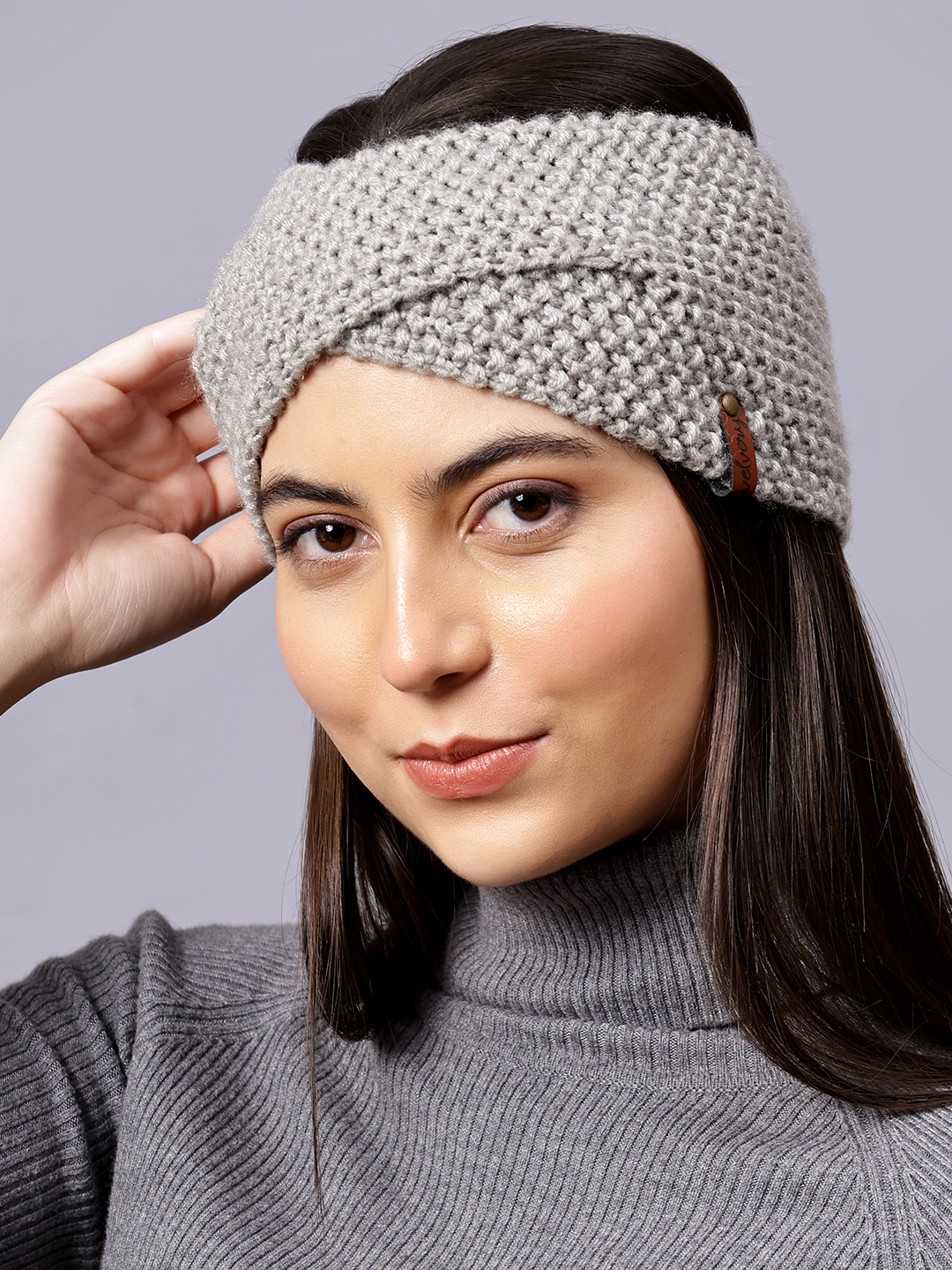 Velvery Hand-Knitted Grey Self Design Acrylic Headband