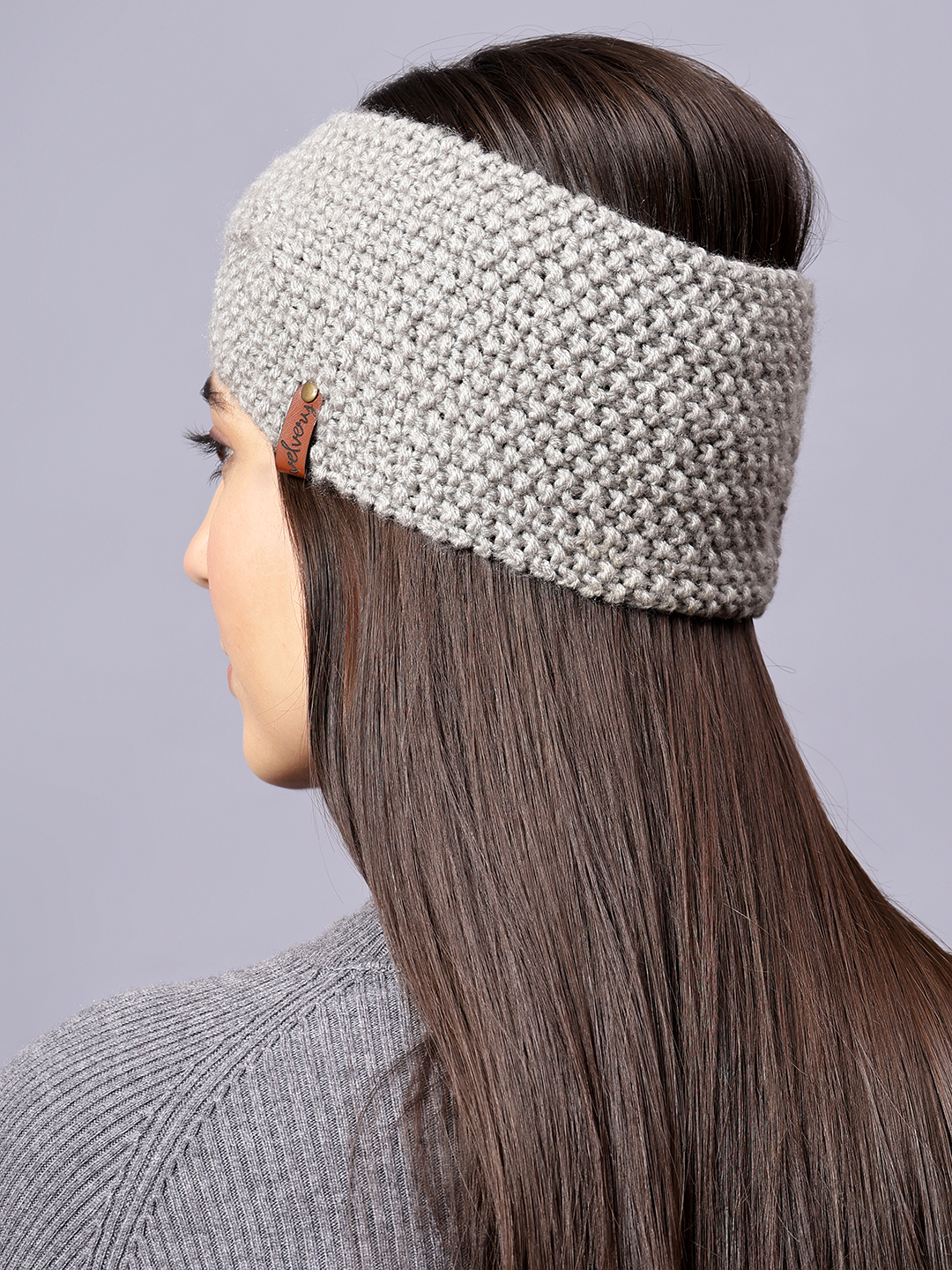 Velvery Hand-Knitted Grey Self Design Acrylic Headband