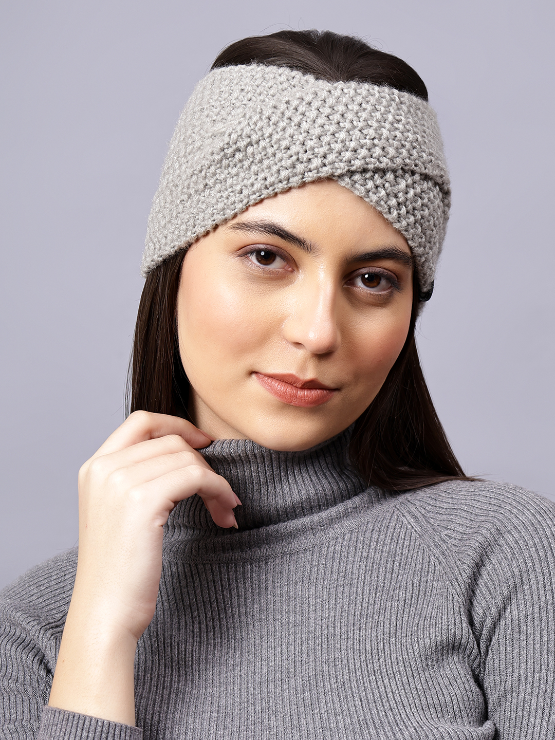 Velvery Hand-Knitted Grey Self Design Acrylic Headband