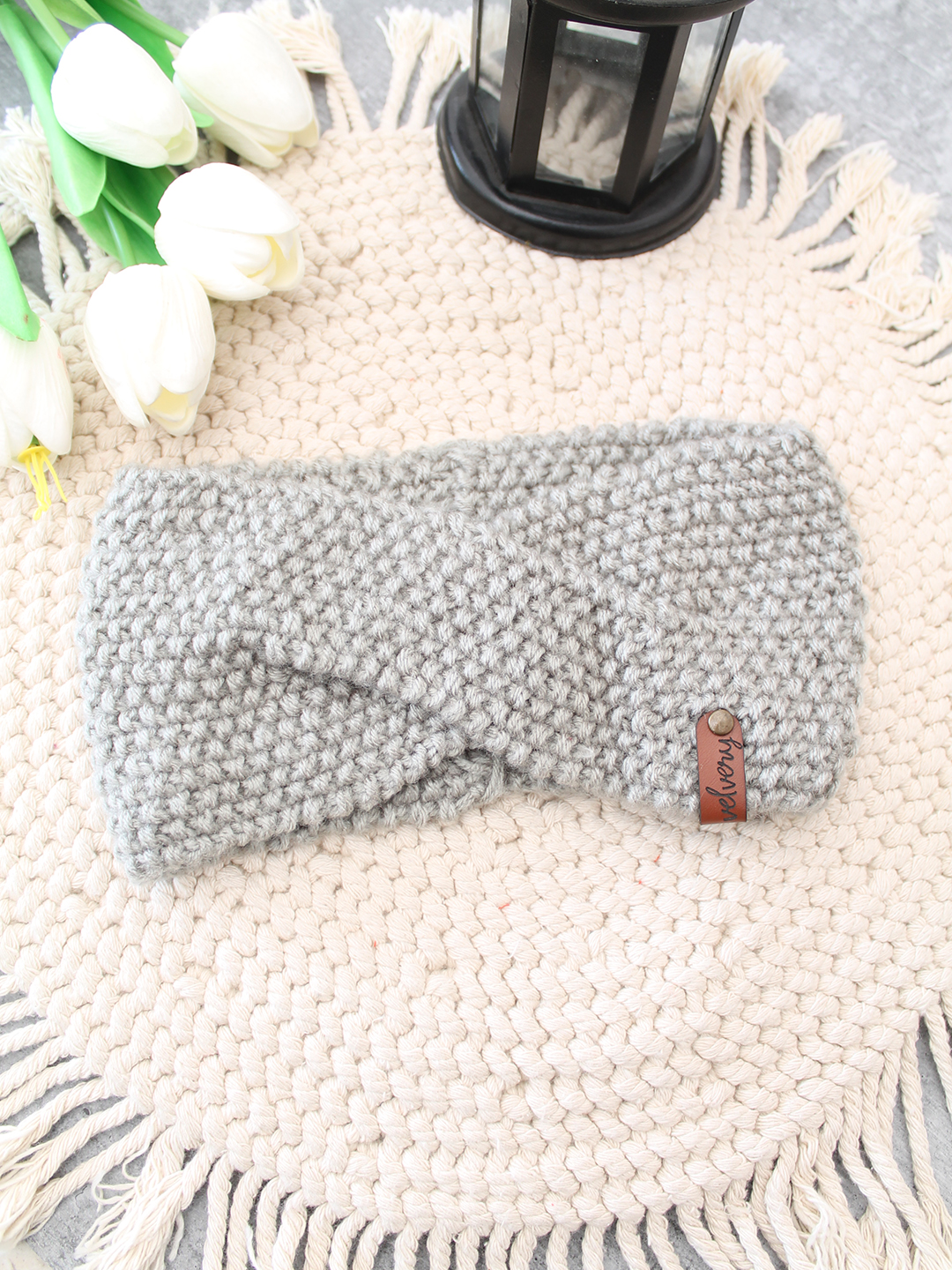 Velvery Hand-Knitted Grey Self Design Acrylic Headband