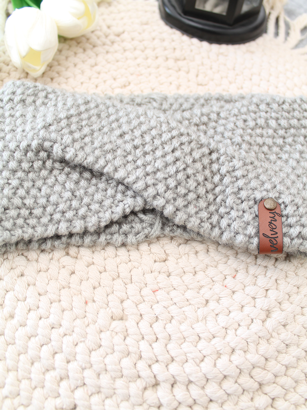 Velvery Hand-Knitted Grey Self Design Acrylic Headband