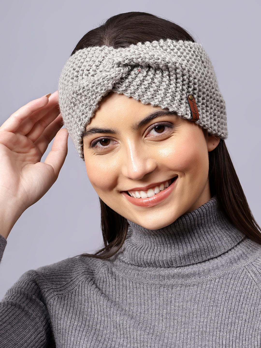 Velvery Hand-Knitted Grey Self Design Acrylic Headband