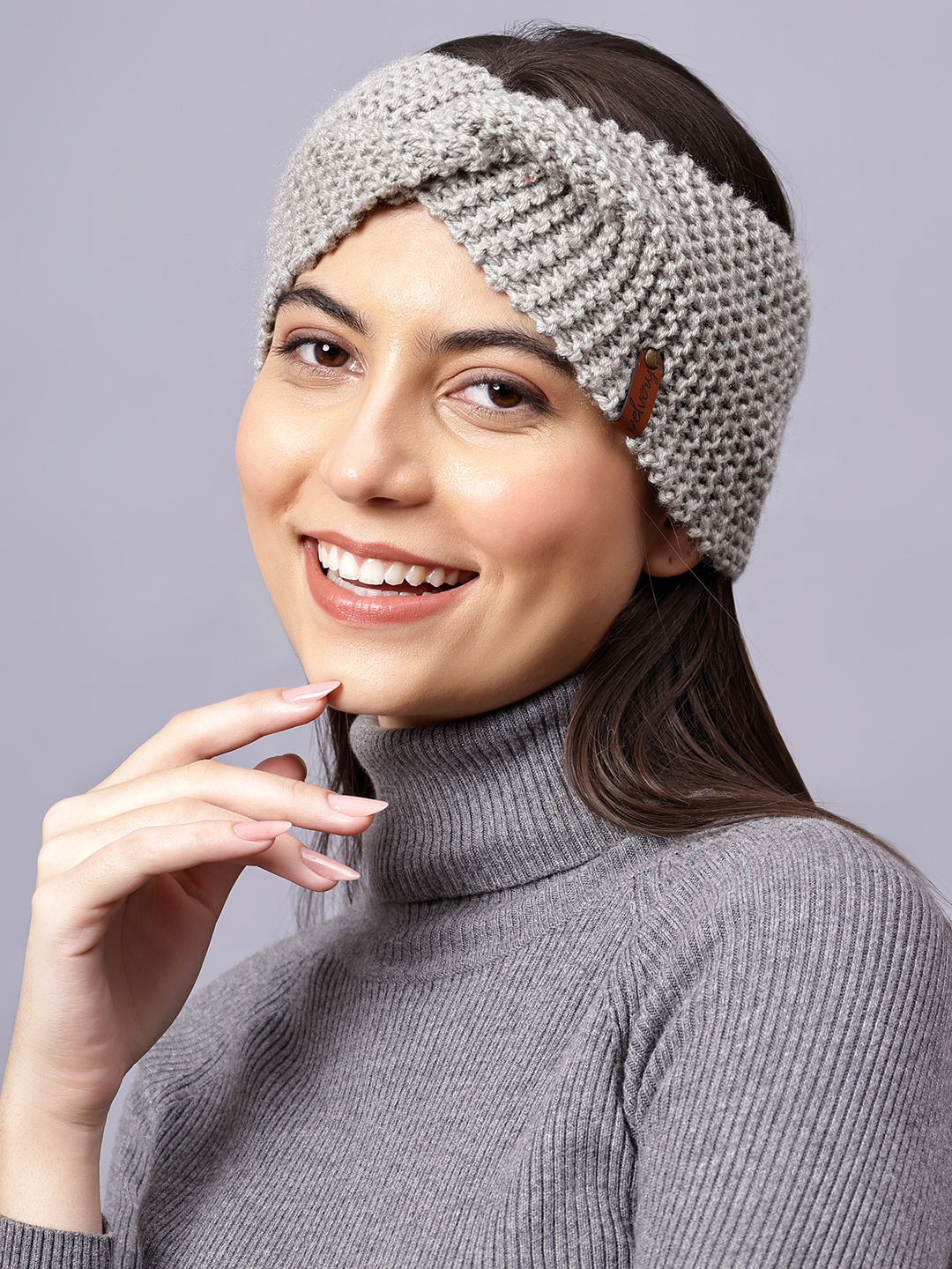 Velvery Hand-Knitted Grey Self Design Acrylic Headband