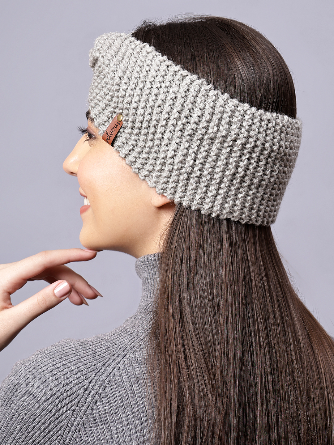 Velvery Hand-Knitted Grey Self Design Acrylic Headband