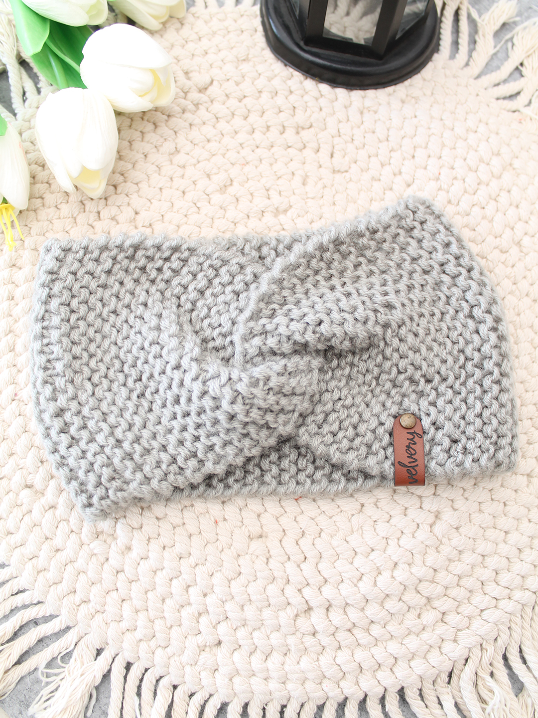 Velvery Hand-Knitted Grey Self Design Acrylic Headband