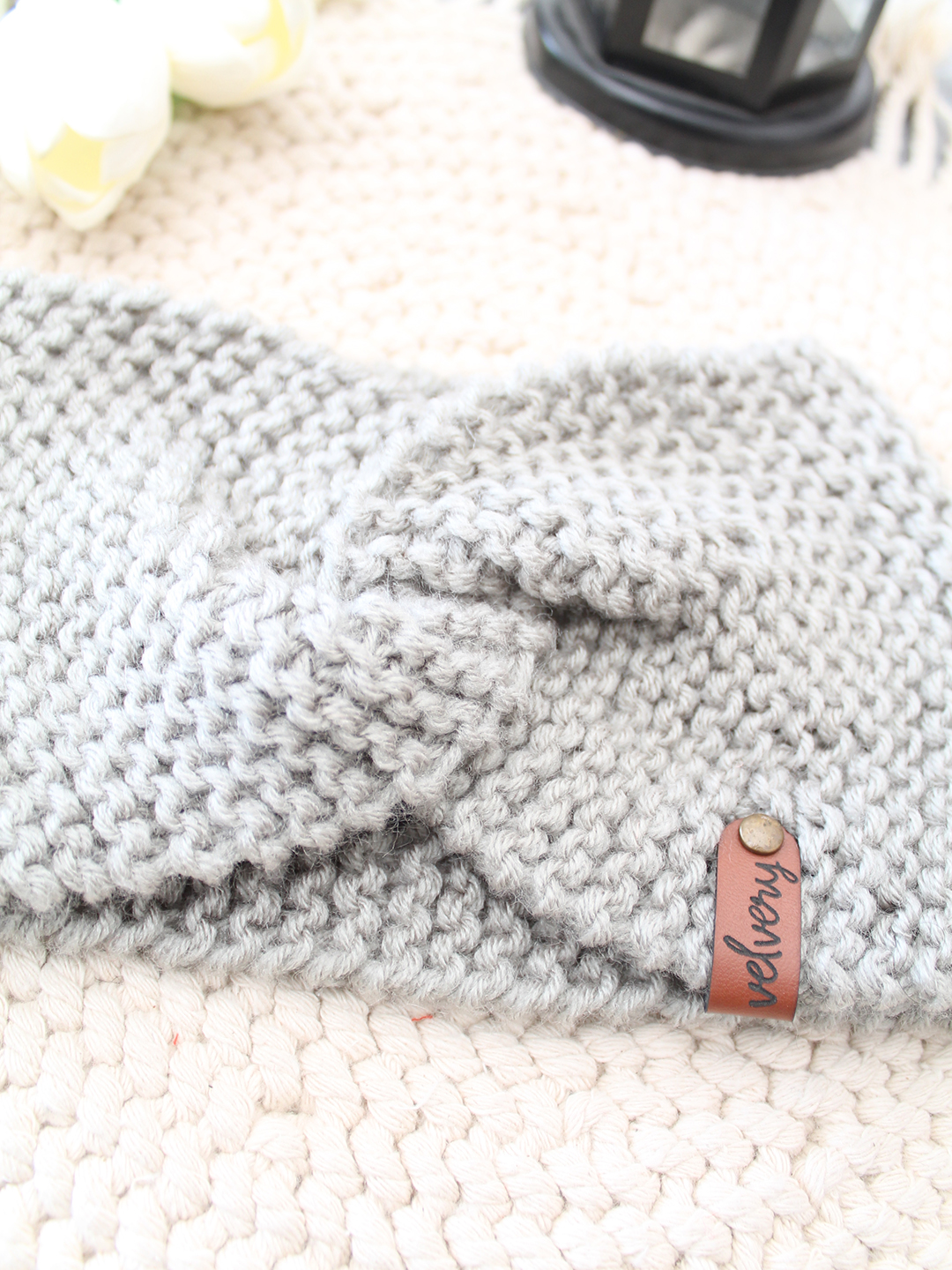 Velvery Hand-Knitted Grey Self Design Acrylic Headband