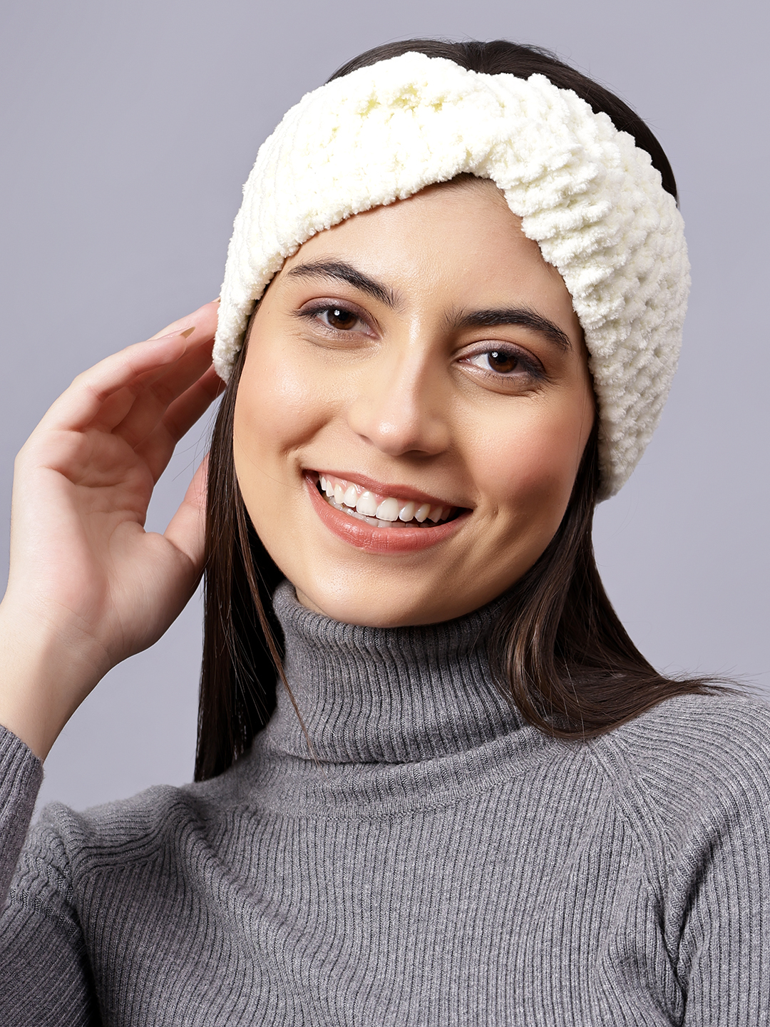 Velvery Hand-Knitted Off White Self Design Acrylic Headband