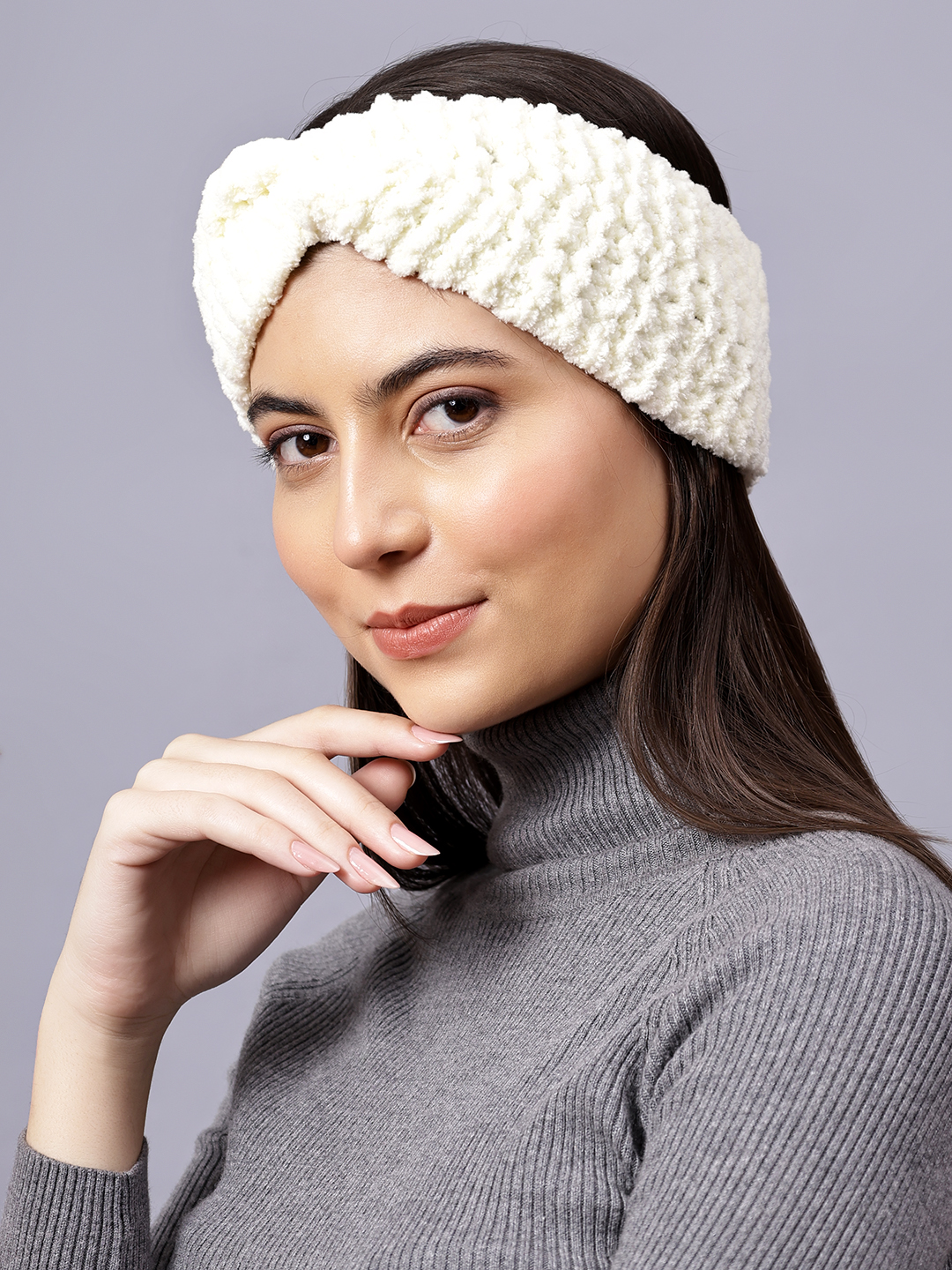Velvery Hand-Knitted Off White Self Design Acrylic Headband