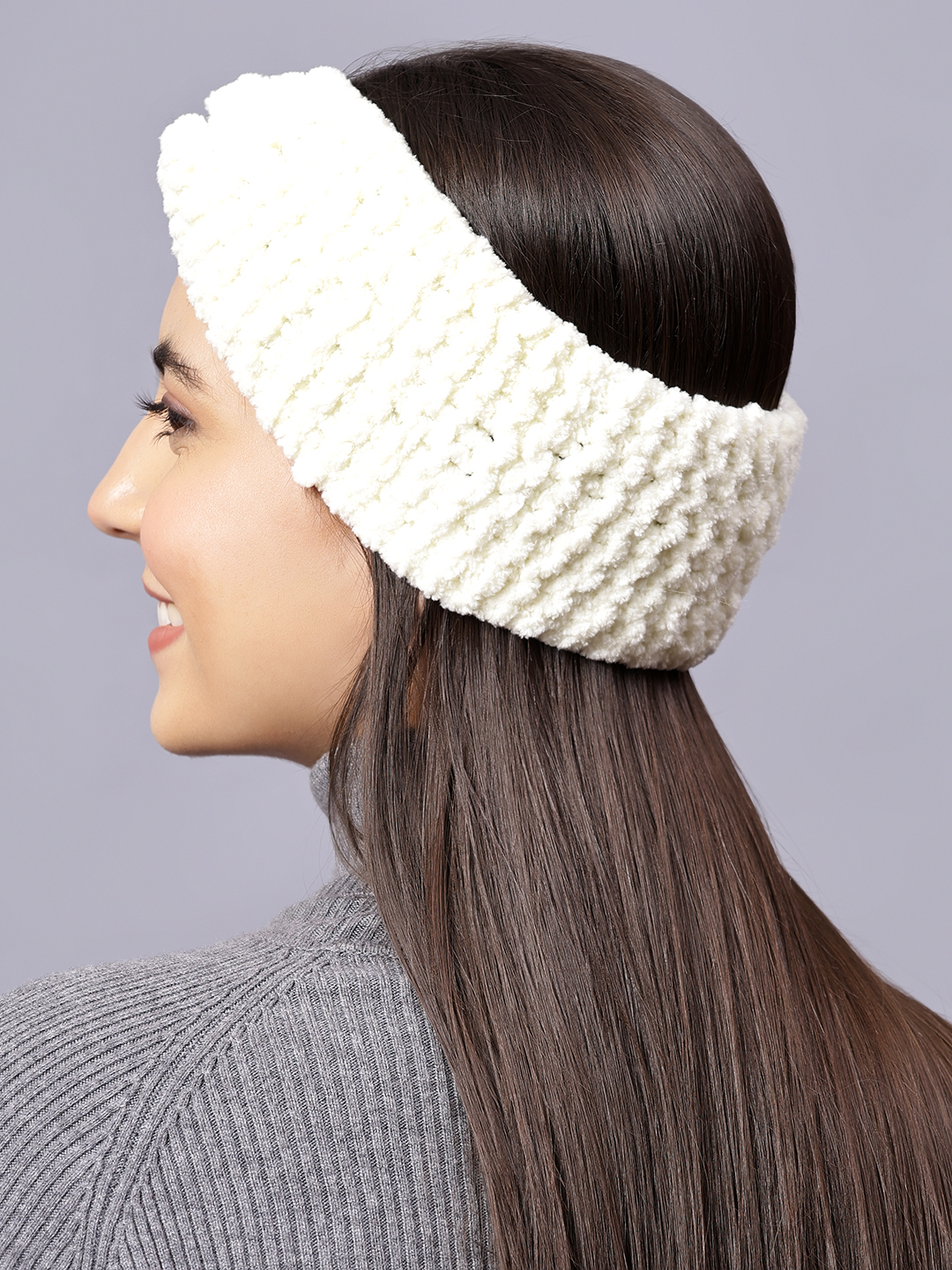 Velvery Hand-Knitted Off White Self Design Acrylic Headband