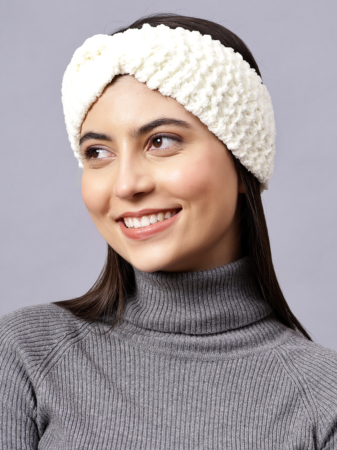Velvery Hand-Knitted Off White Self Design Acrylic Headband