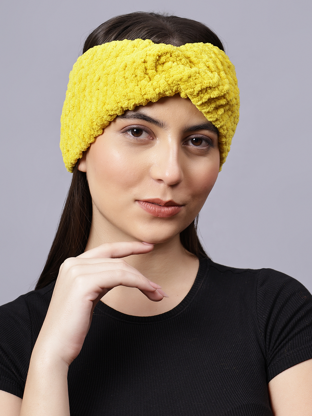 Velvery Hand-Knitted Yellow Self Design Acrylic Headband