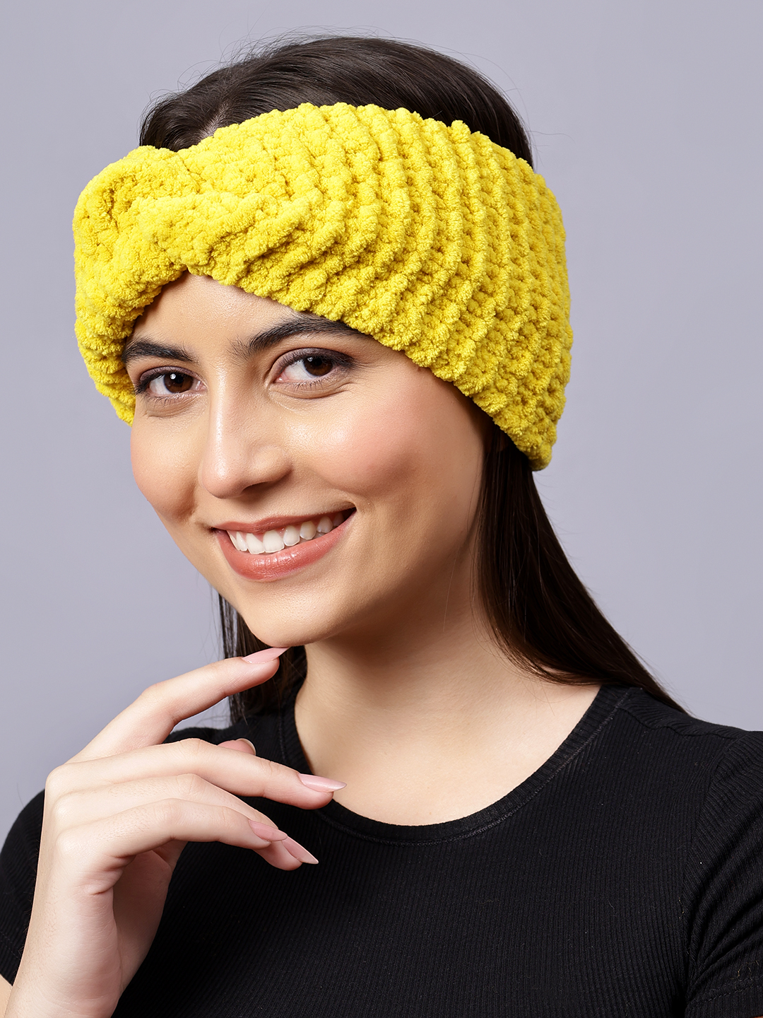 Velvery Hand-Knitted Yellow Self Design Acrylic Headband