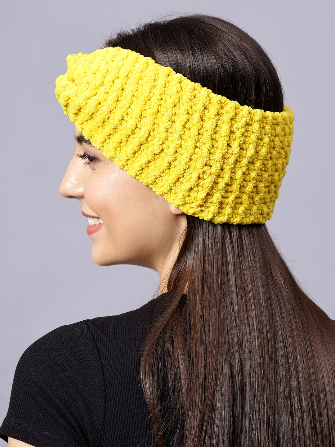 Velvery Hand-Knitted Yellow Self Design Acrylic Headband