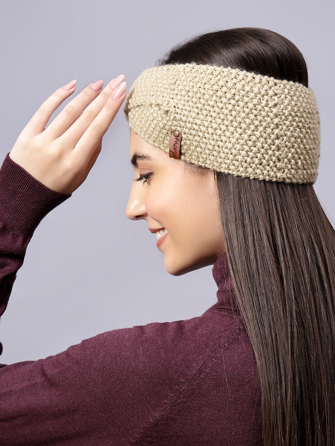Velvery Hand-Knitted Grey Self Design Acrylic Headband