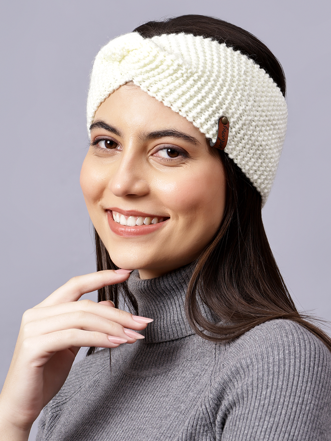 Velvery Hand-Knitted Off White Self Design Acrylic Headband