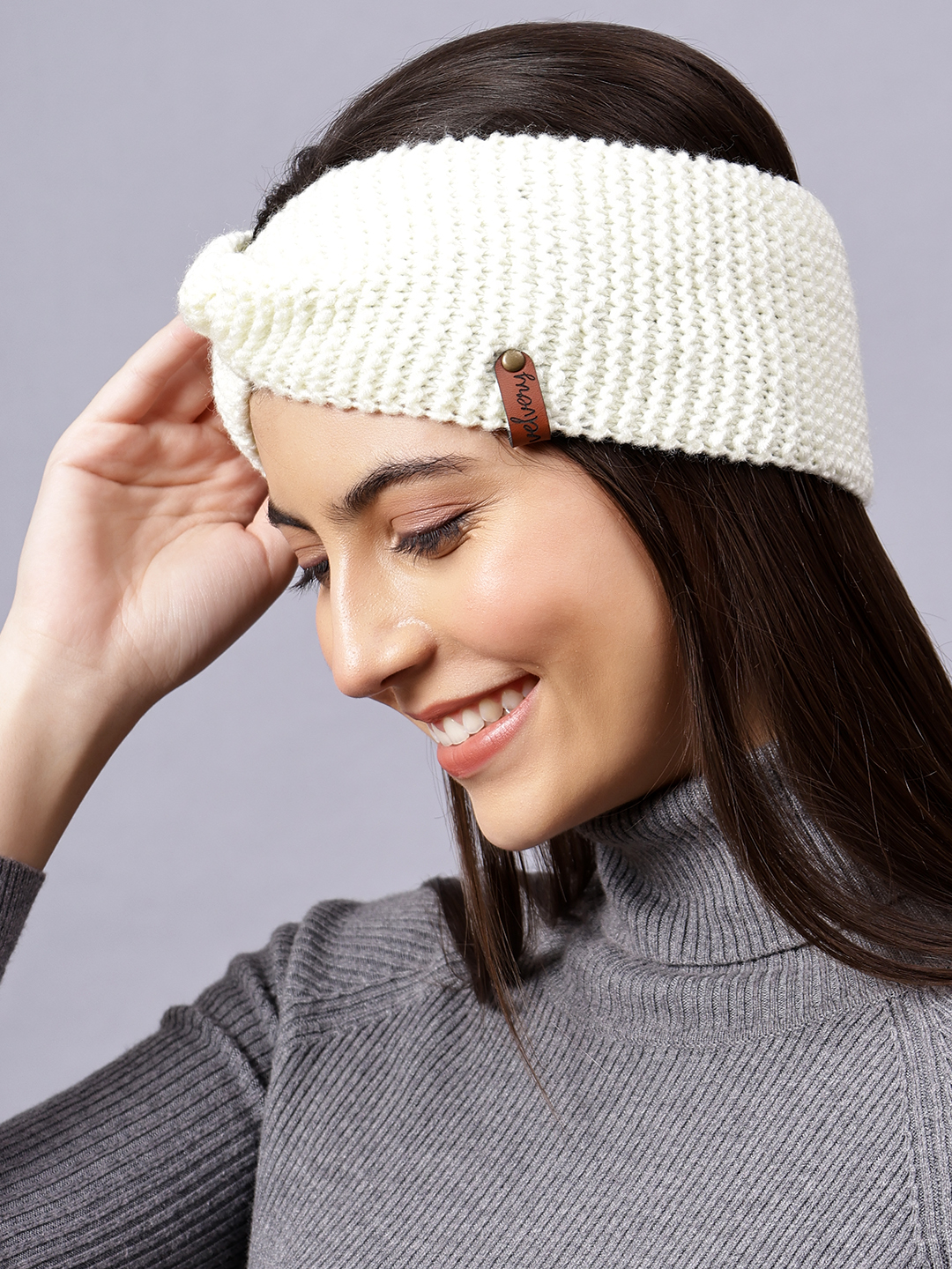 Velvery Hand-Knitted Off White Self Design Acrylic Headband