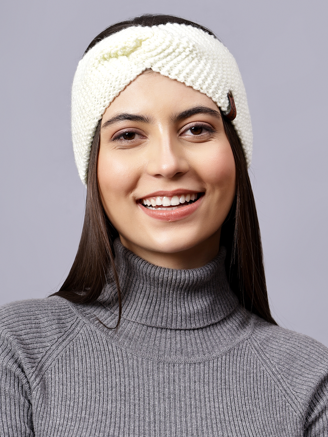 Velvery Hand-Knitted Off White Self Design Acrylic Headband