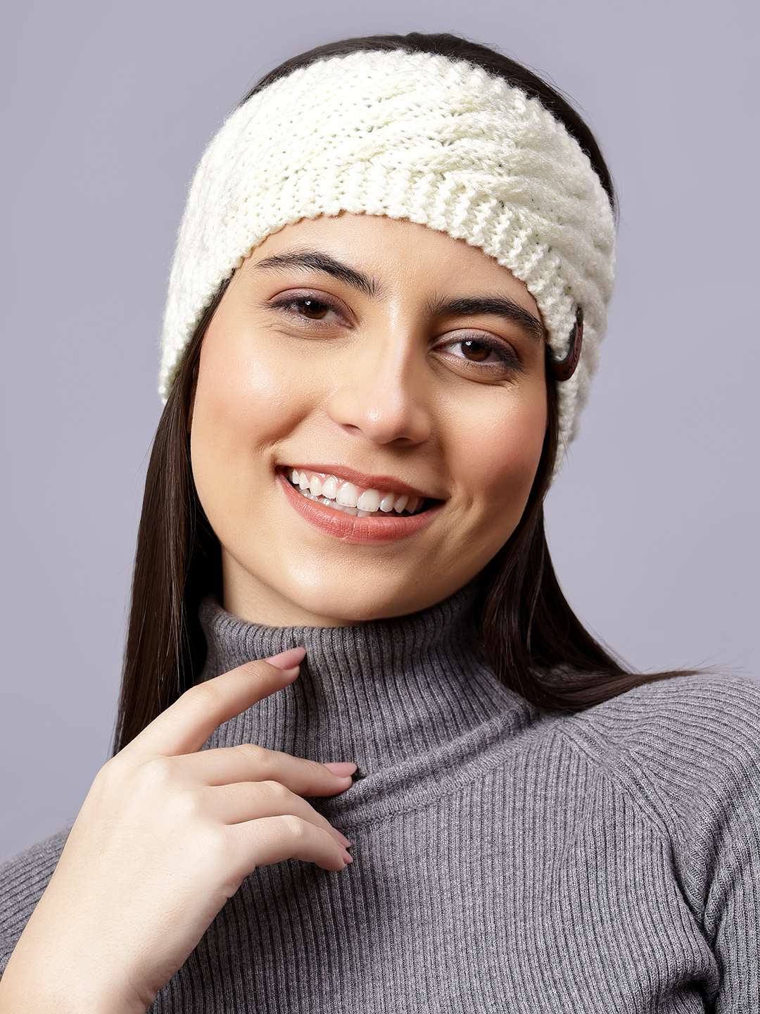 Velvery Hand-Knitted Off White Self Design Acrylic Headband