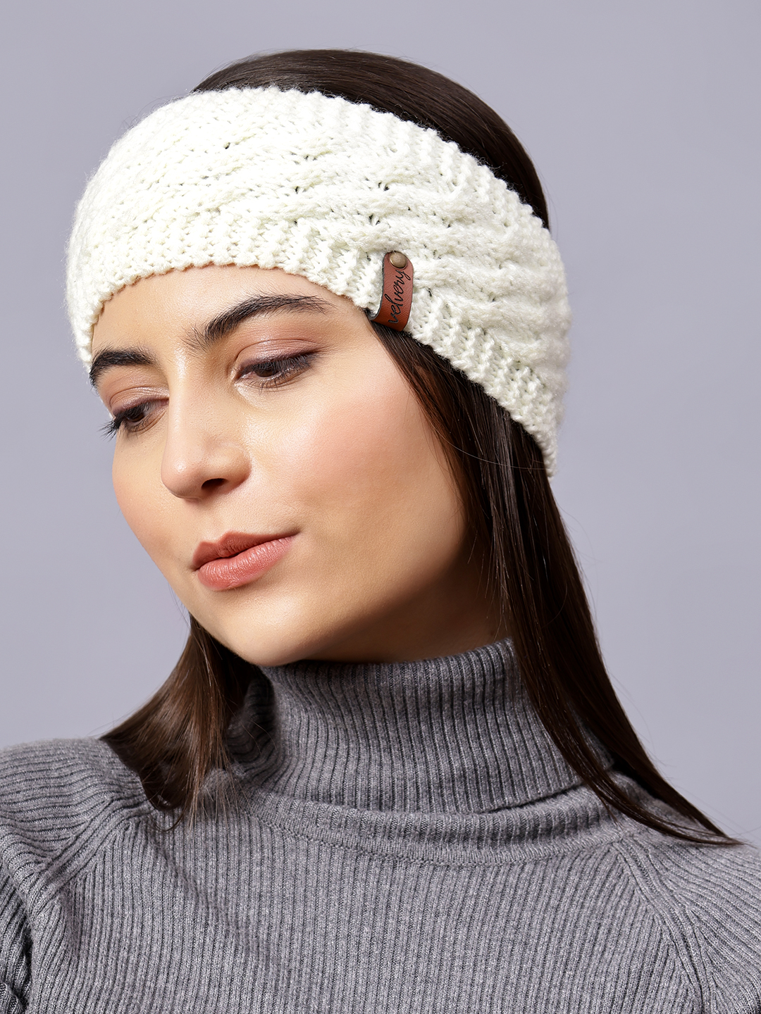 Velvery Hand-Knitted Off White Self Design Acrylic Headband