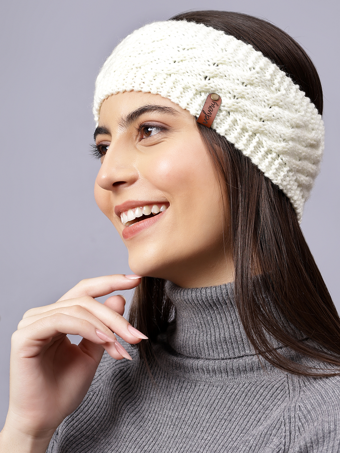 Velvery Hand-Knitted Off White Self Design Acrylic Headband