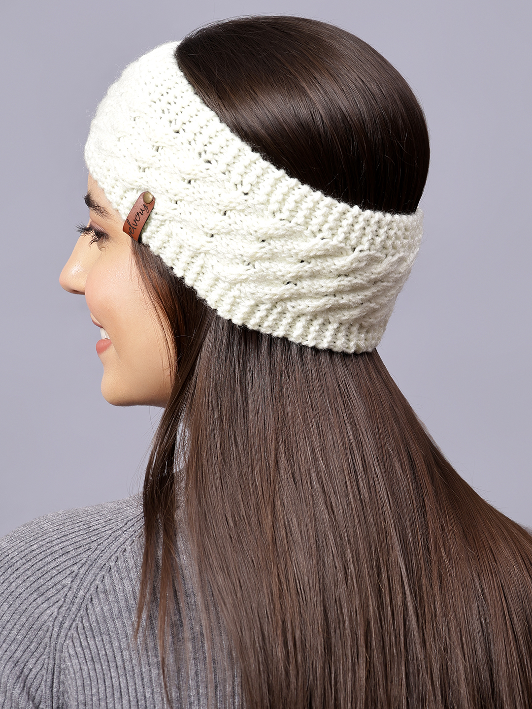 Velvery Hand-Knitted Off White Self Design Acrylic Headband