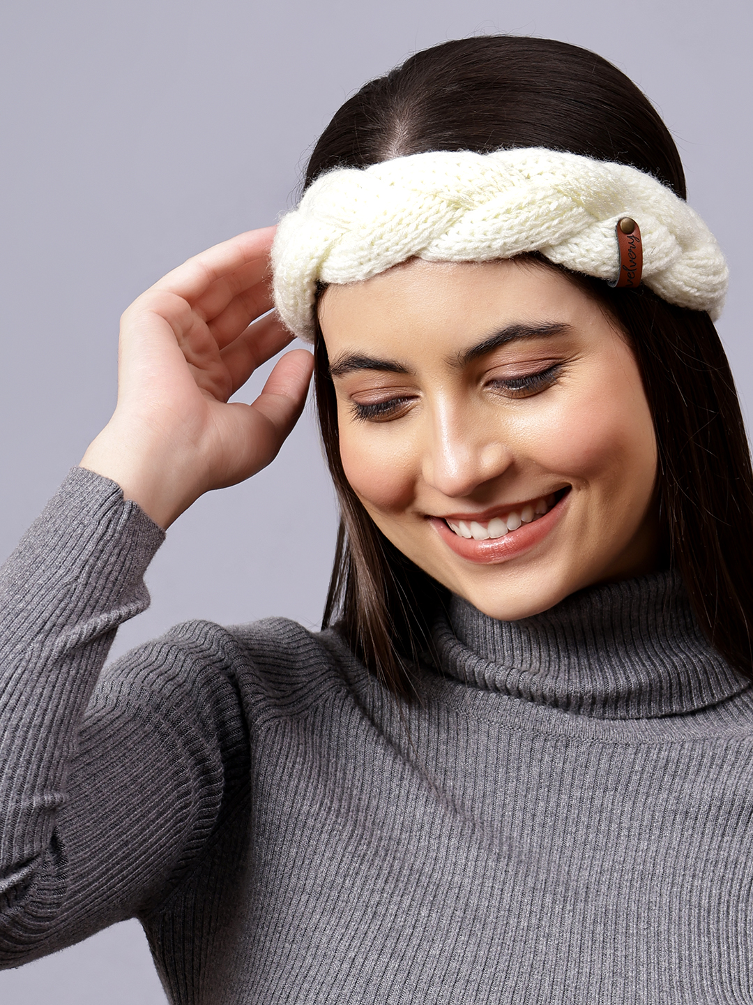 Velvery Hand-Knitted Off White Self Design Acrylic Headband