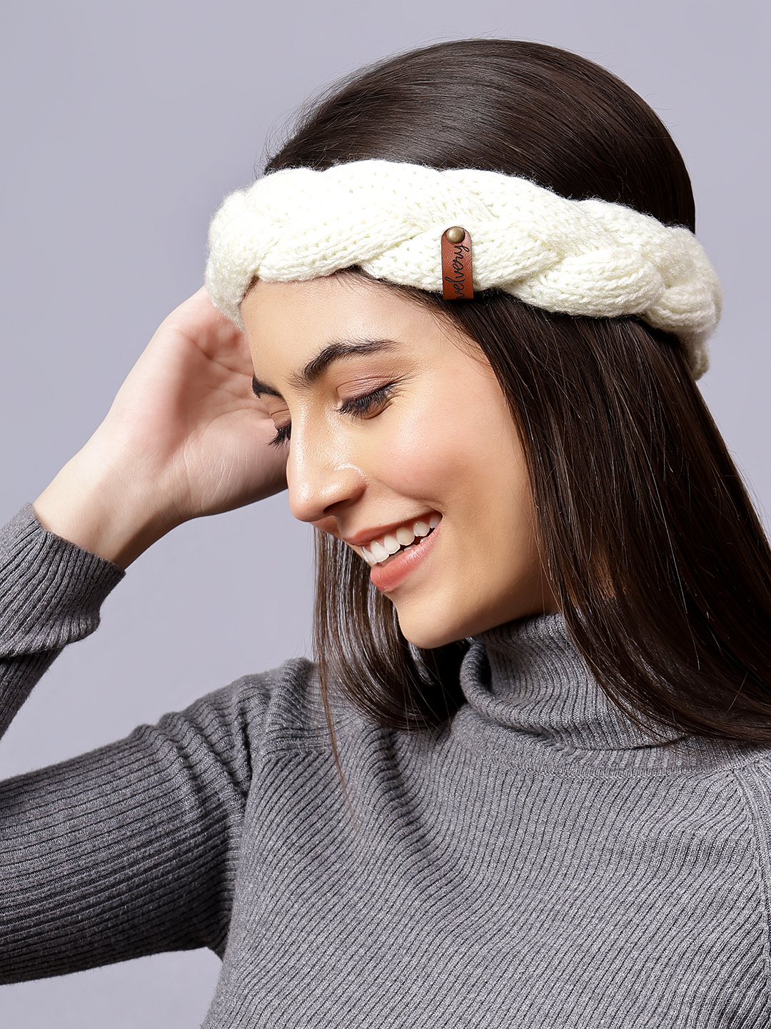 Velvery Hand-Knitted Off White Self Design Acrylic Headband