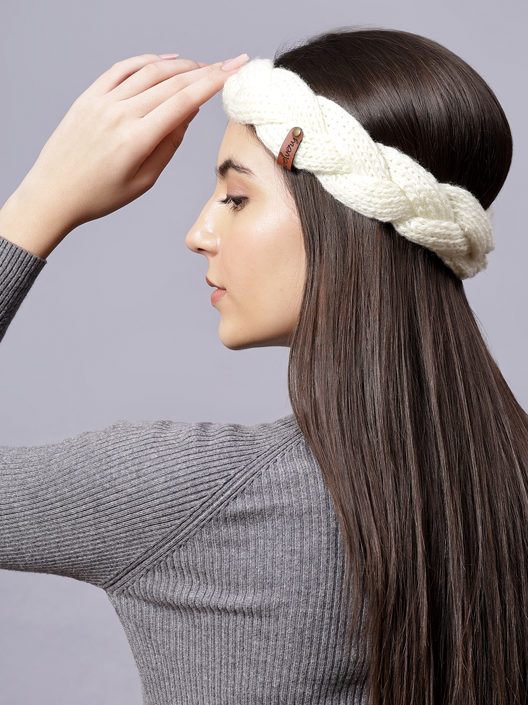 Velvery Hand-Knitted Off White Self Design Acrylic Headband