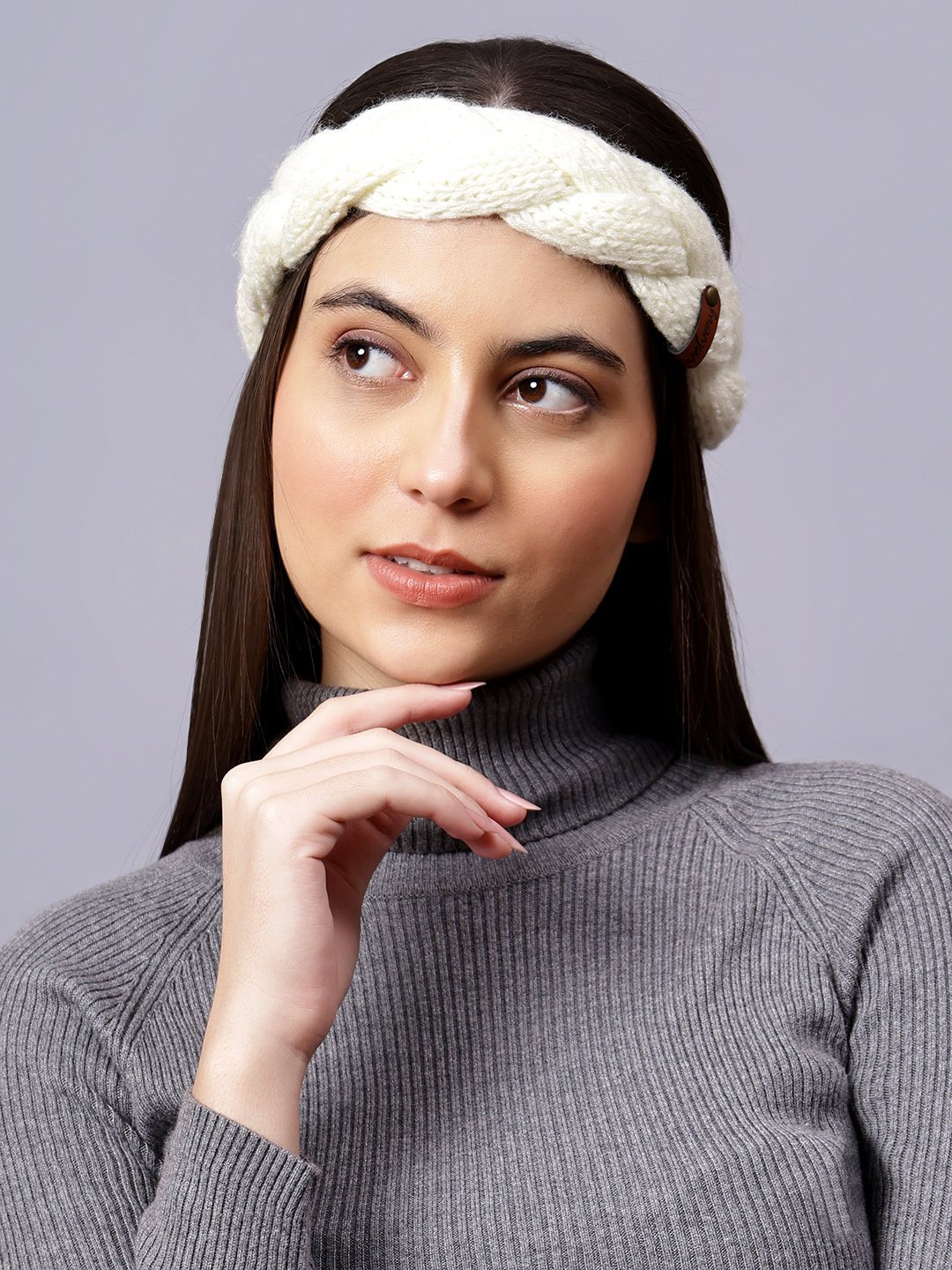 Velvery Hand-Knitted Off White Self Design Acrylic Headband