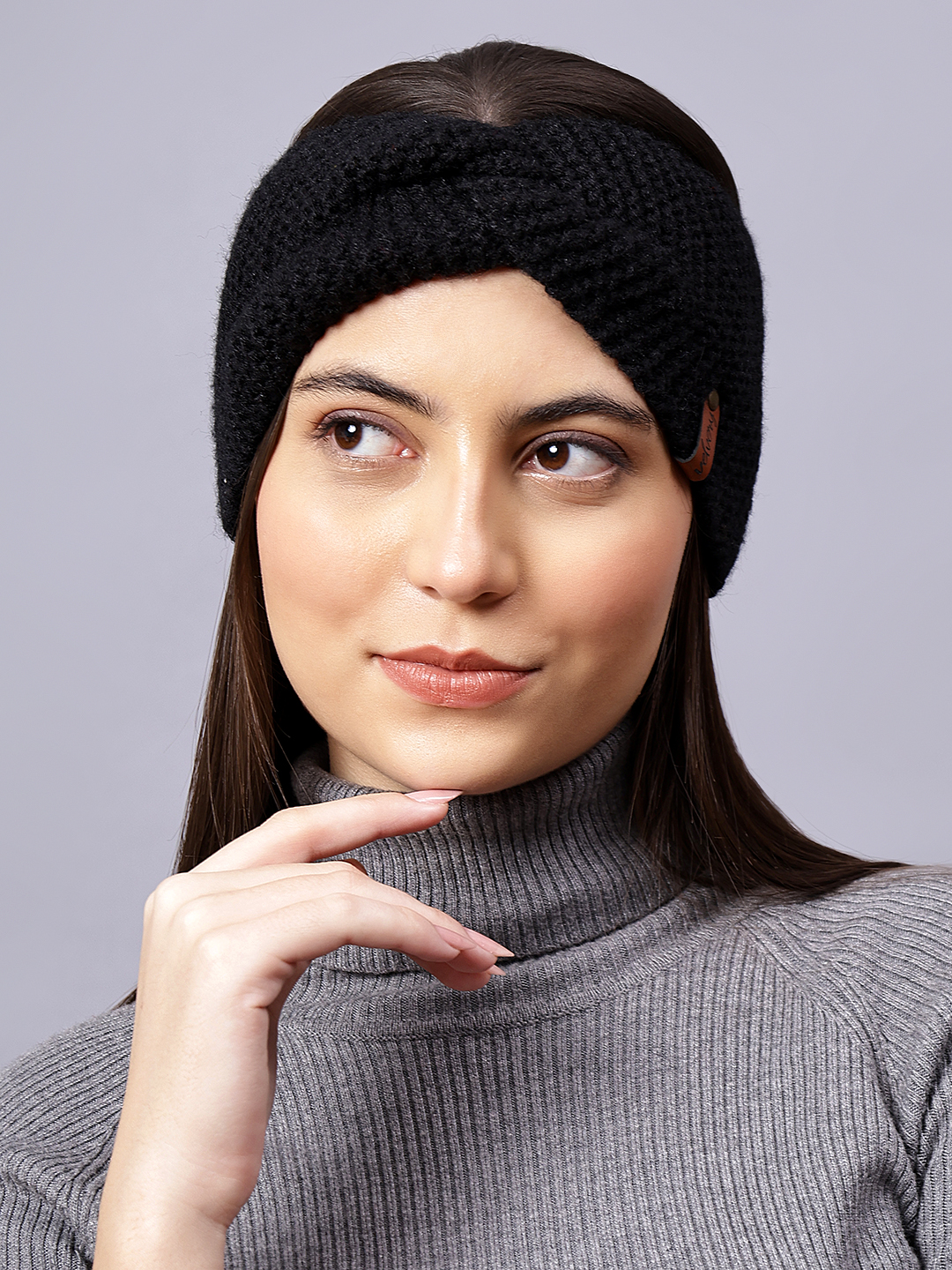 Velvery Hand-Knitted Black Self Design Acrylic Headband