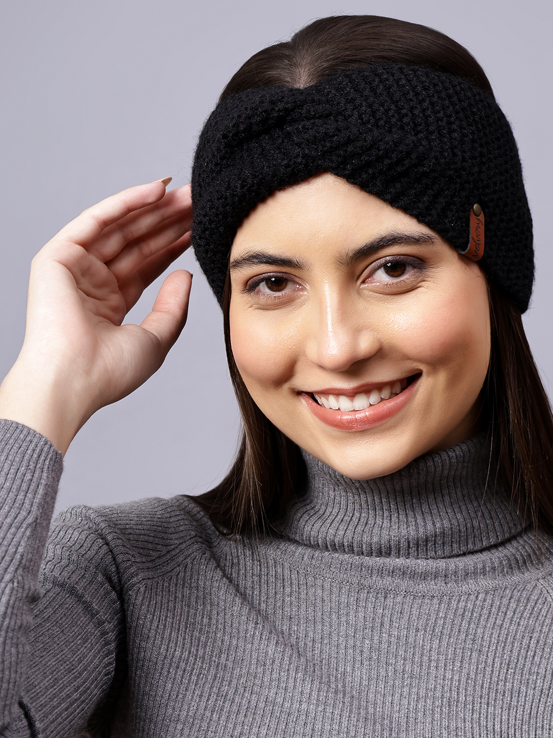 Velvery Hand-Knitted Black Self Design Acrylic Headband
