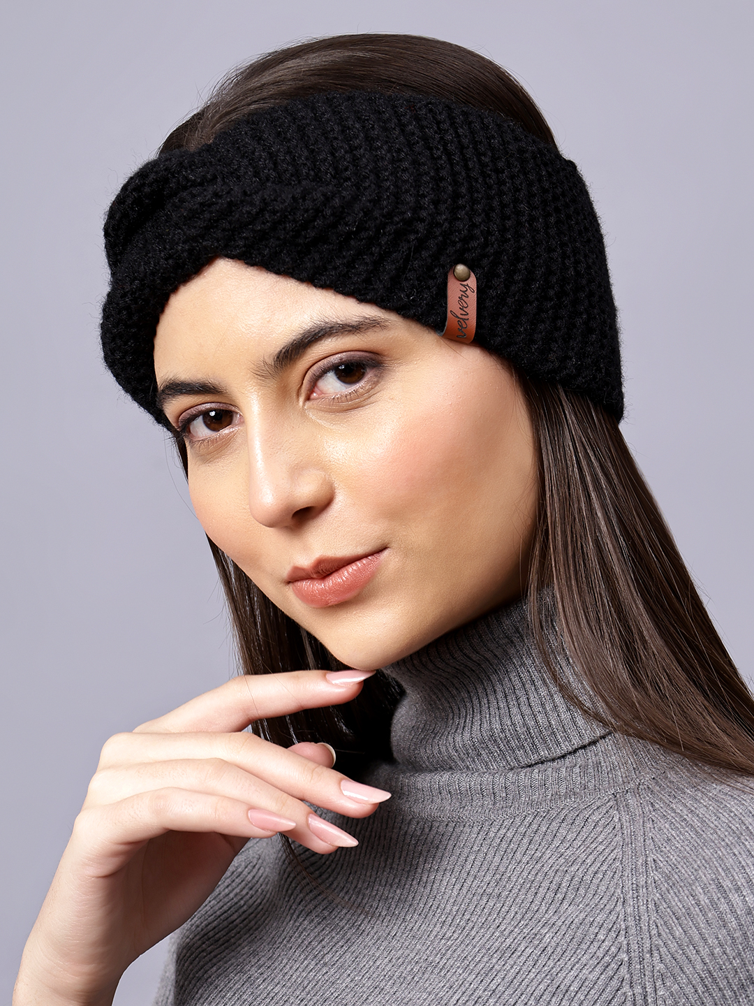 Velvery Hand-Knitted Black Self Design Acrylic Headband