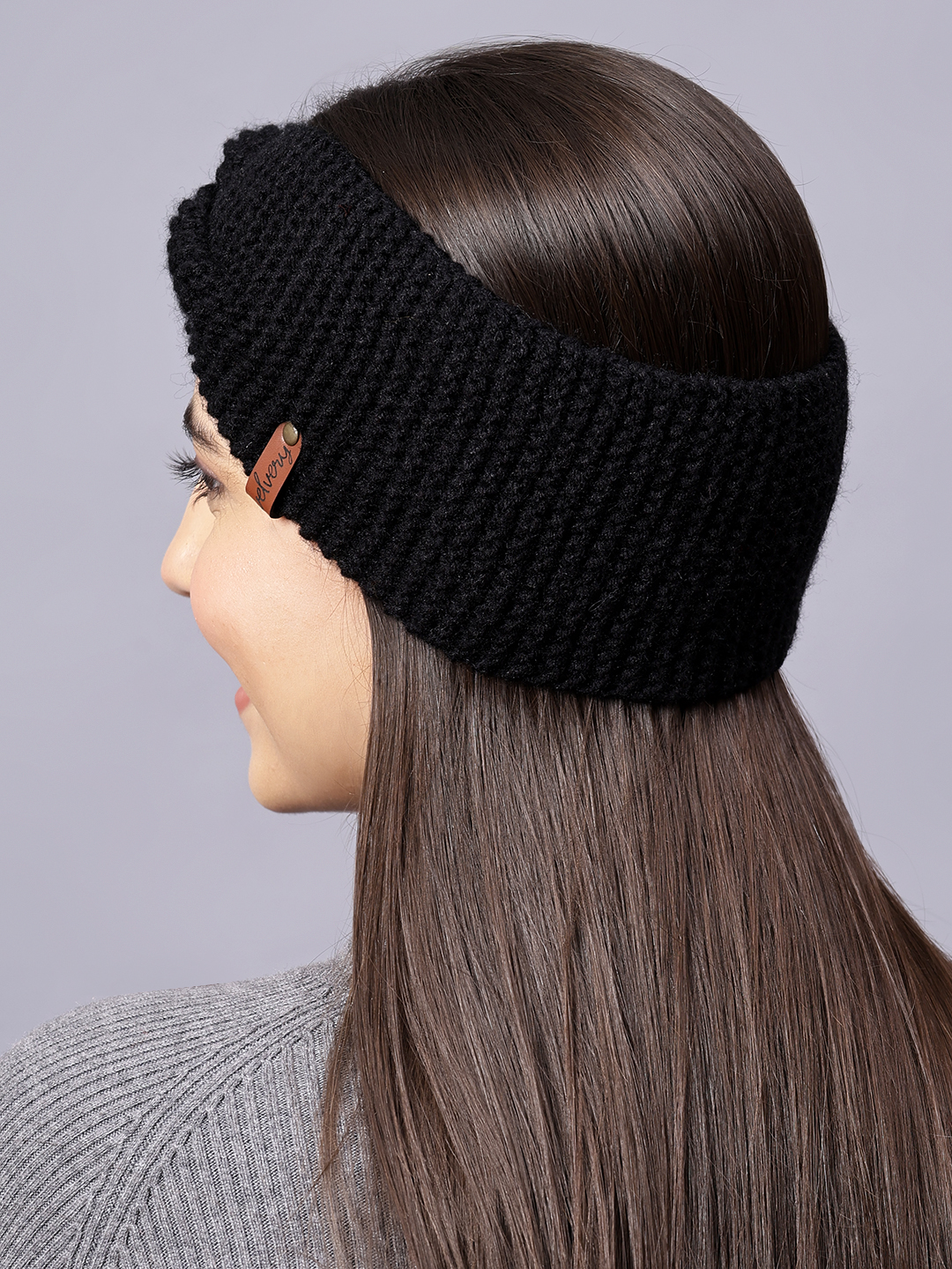 Velvery Hand-Knitted Black Self Design Acrylic Headband