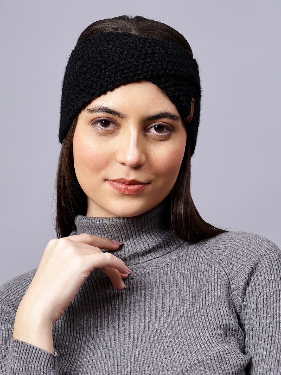 Velvery Hand-Knitted Black Self Design Acrylic Headband