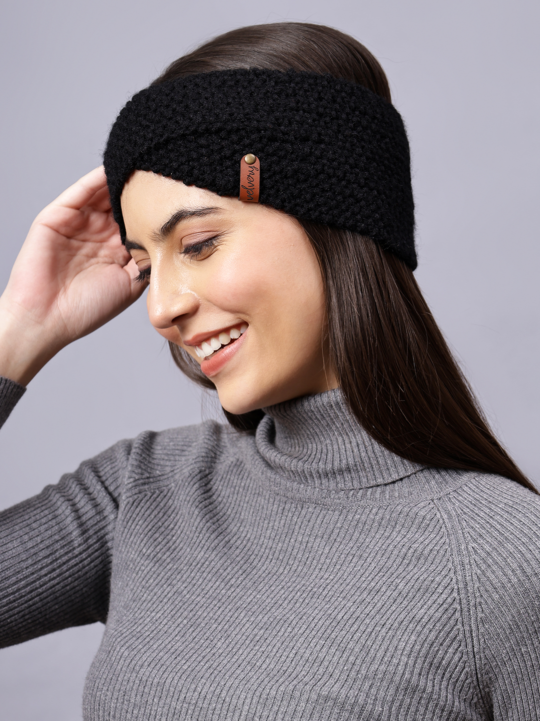 Velvery Hand-Knitted Black Self Design Acrylic Headband