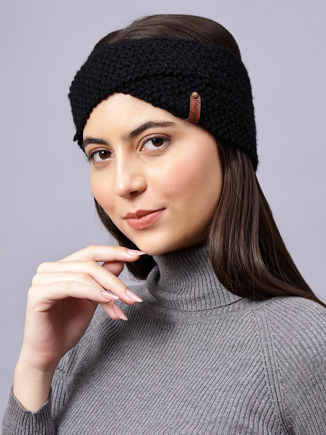 Velvery Hand-Knitted Black Self Design Acrylic Headband