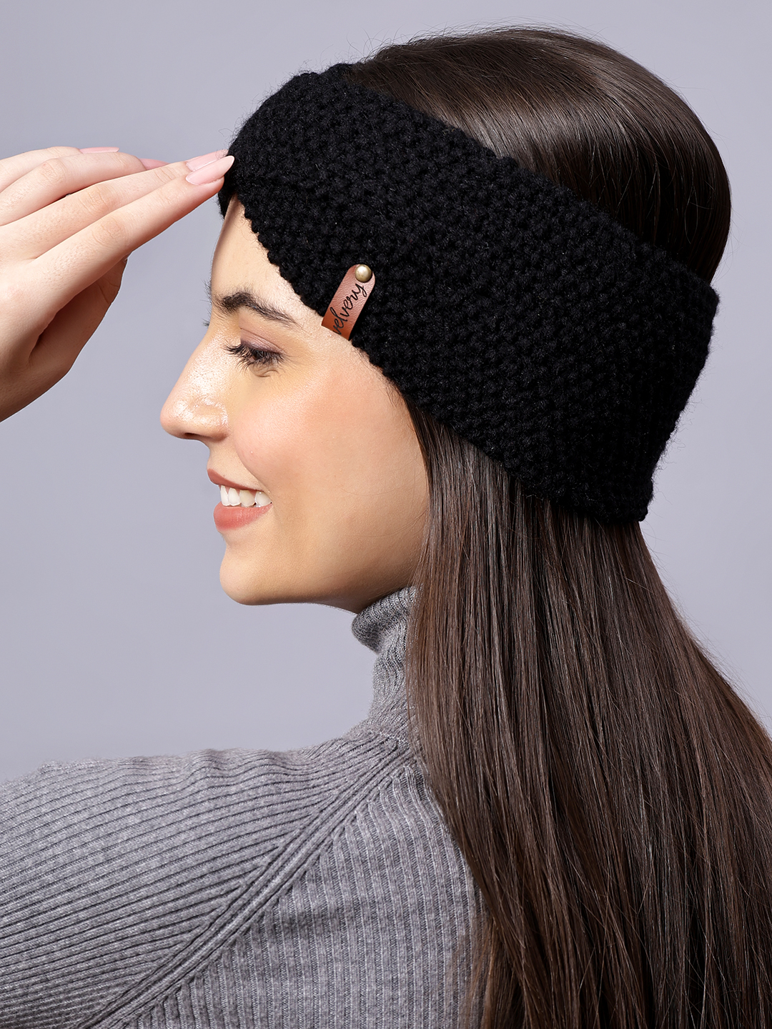 Velvery Hand-Knitted Black Self Design Acrylic Headband
