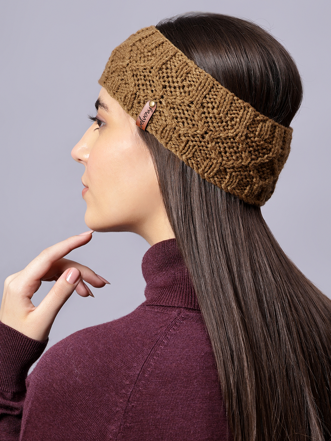 Velvery Hand-Knitted Brown Self Design Acrylic Headband