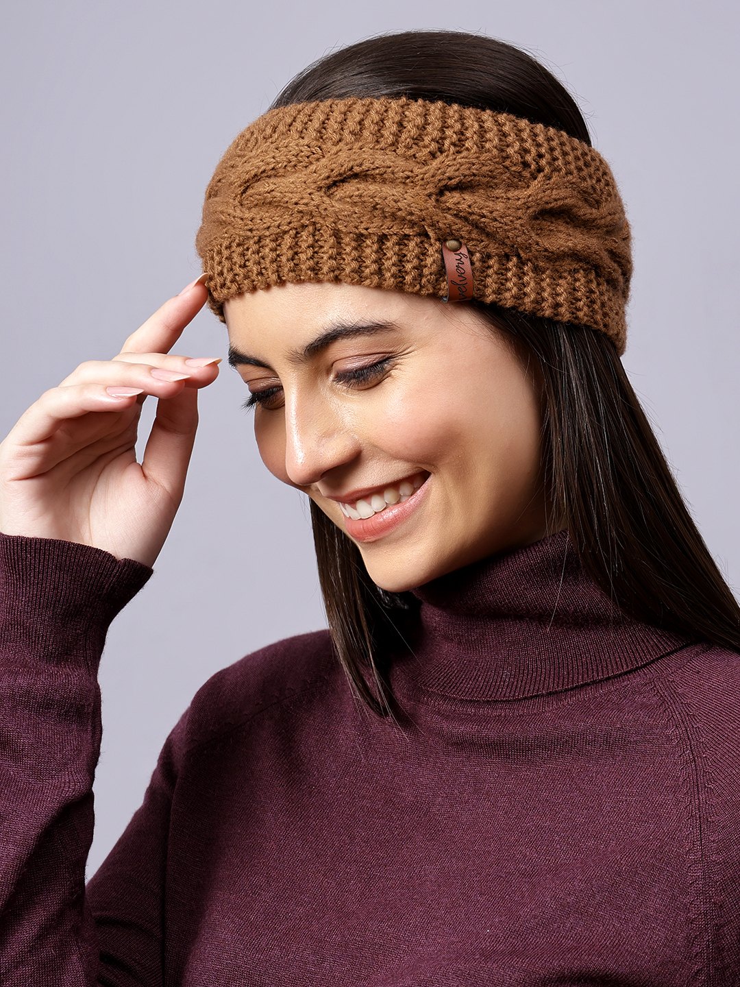 Velvery Hand-Knitted Brown Self Design Acrylic Headband