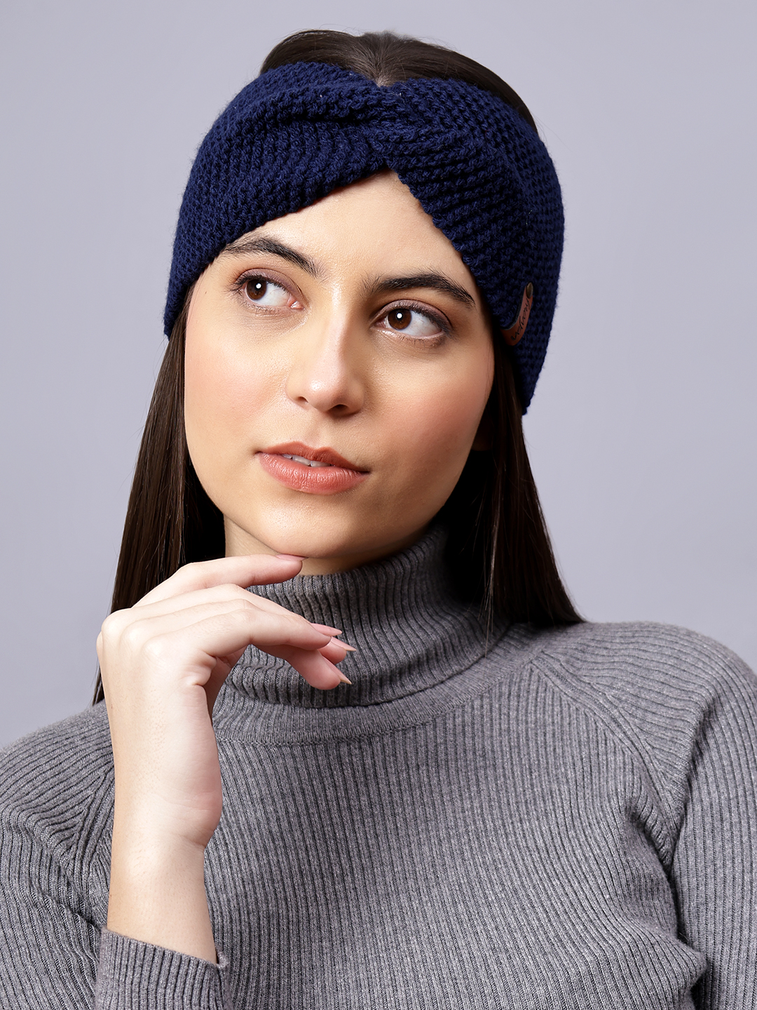 Velvery Hand-Knitted Navy Blue Self Design Acrylic Headband