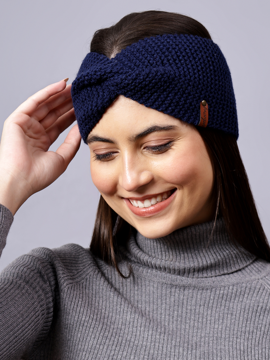 Velvery Hand-Knitted Navy Blue Self Design Acrylic Headband