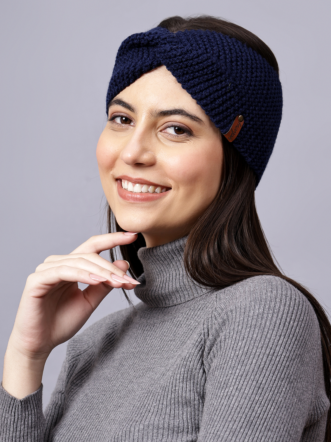 Velvery Hand-Knitted Navy Blue Self Design Acrylic Headband