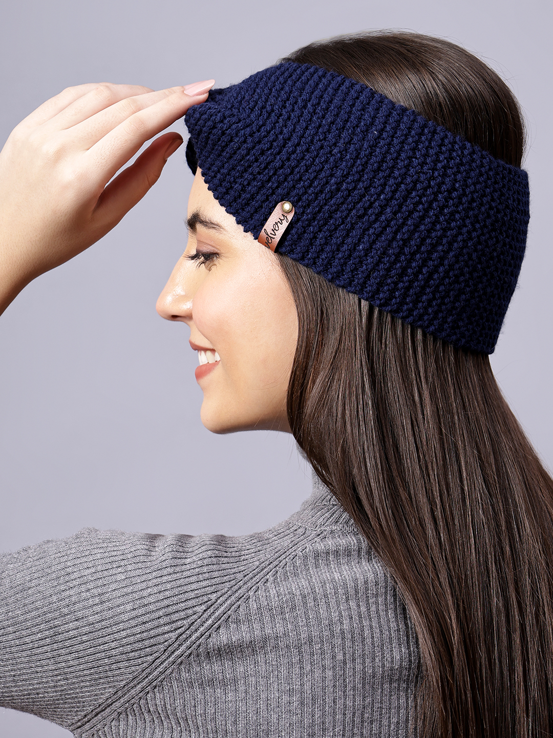 Velvery Hand-Knitted Navy Blue Self Design Acrylic Headband