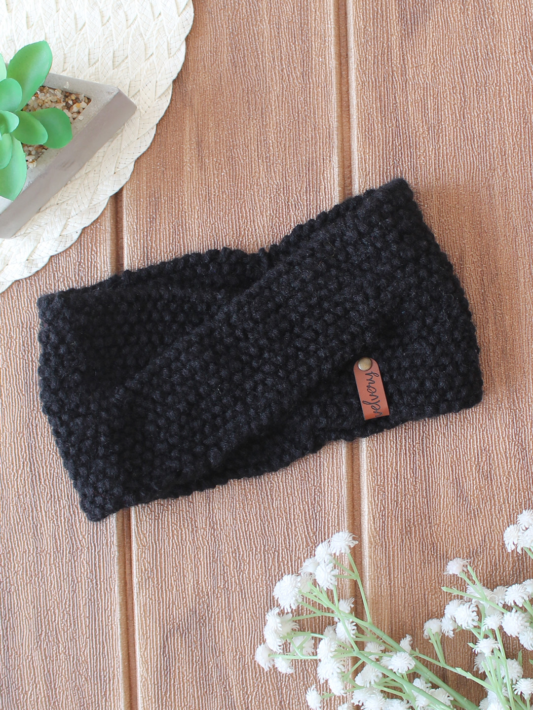 Velvery Hand-Knitted Black Self Design Acrylic Headband