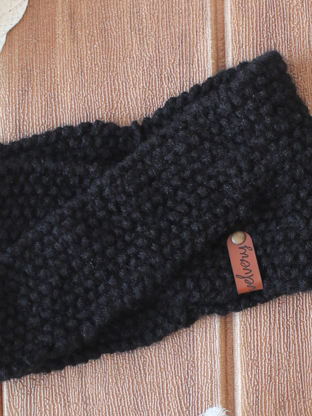 Velvery Hand-Knitted Black Self Design Acrylic Headband