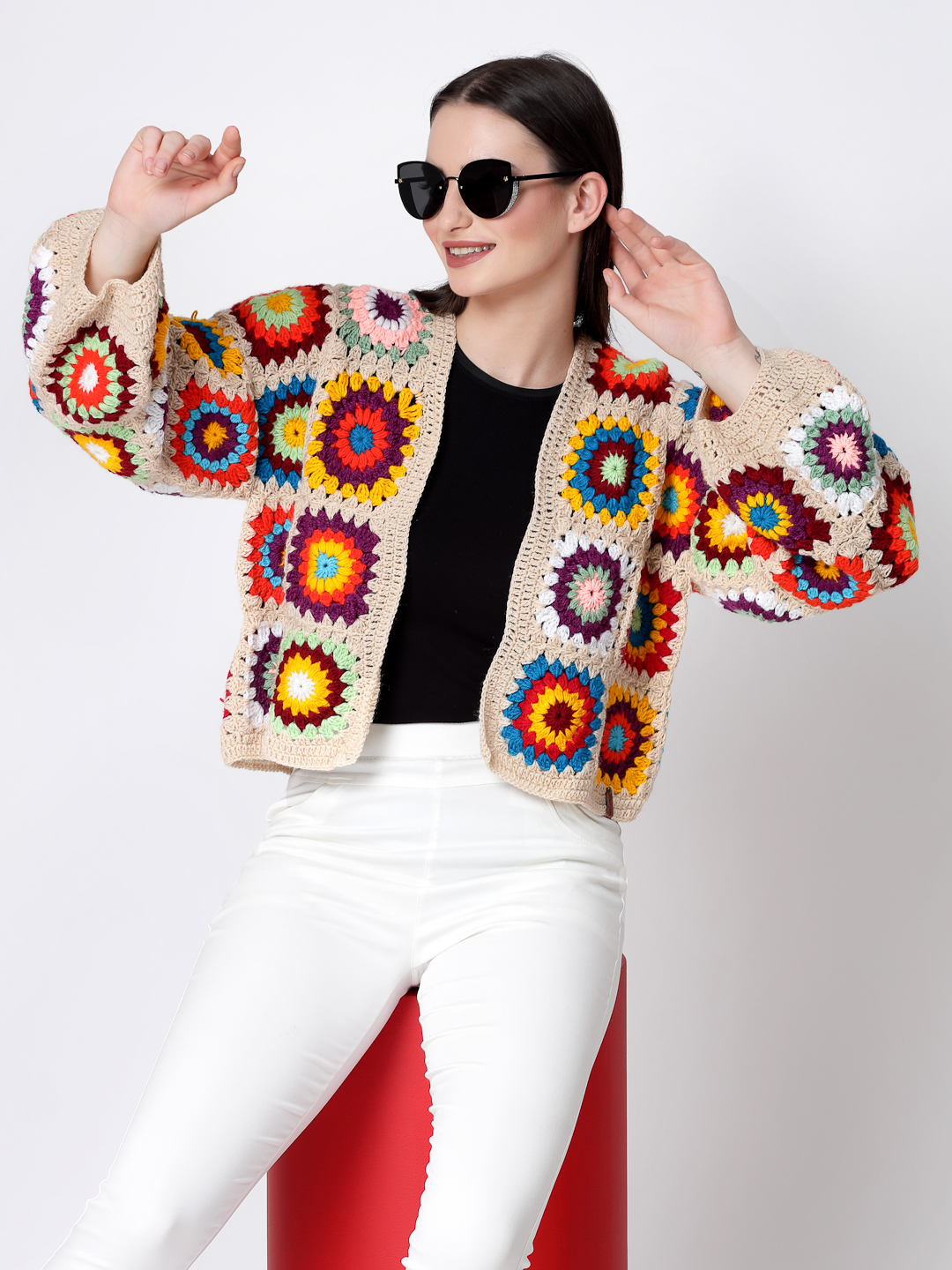 Crochet Granny Square Baggy Sweater for Women- Beige