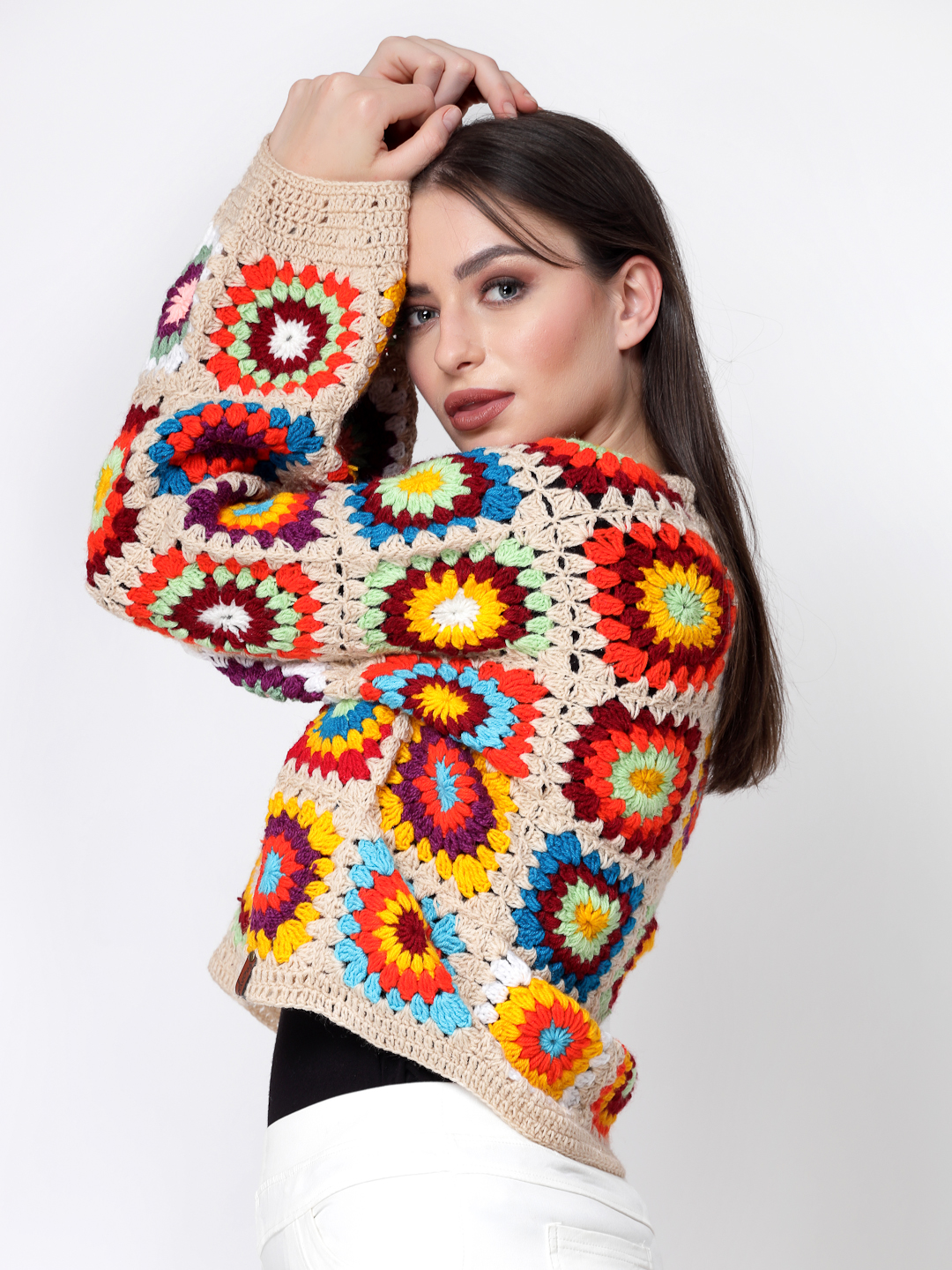 Crochet Granny Square Baggy Sweater for Women- Beige