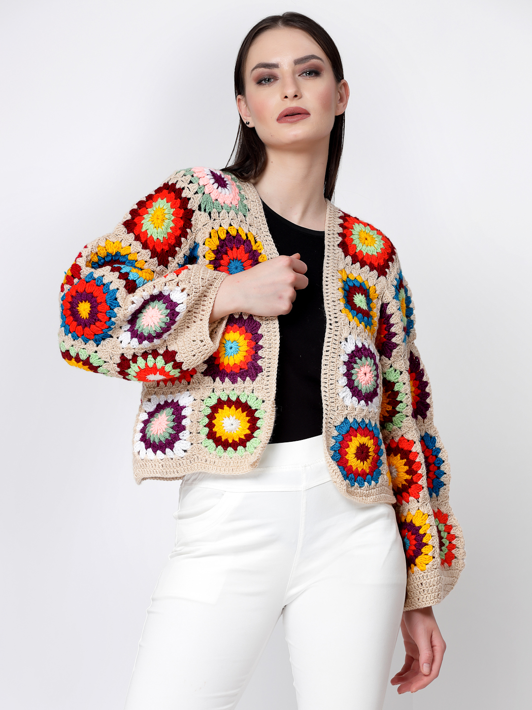 Crochet Granny Square Baggy Sweater for Women- Beige